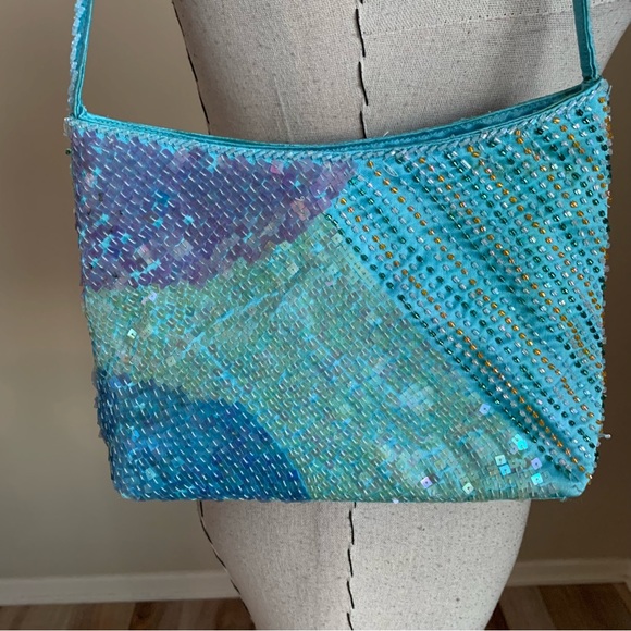 Y2k Luisa Spagnoli Blue Sequin Beaded Shoulder Hand Bag Purse - Picture 2 of 13